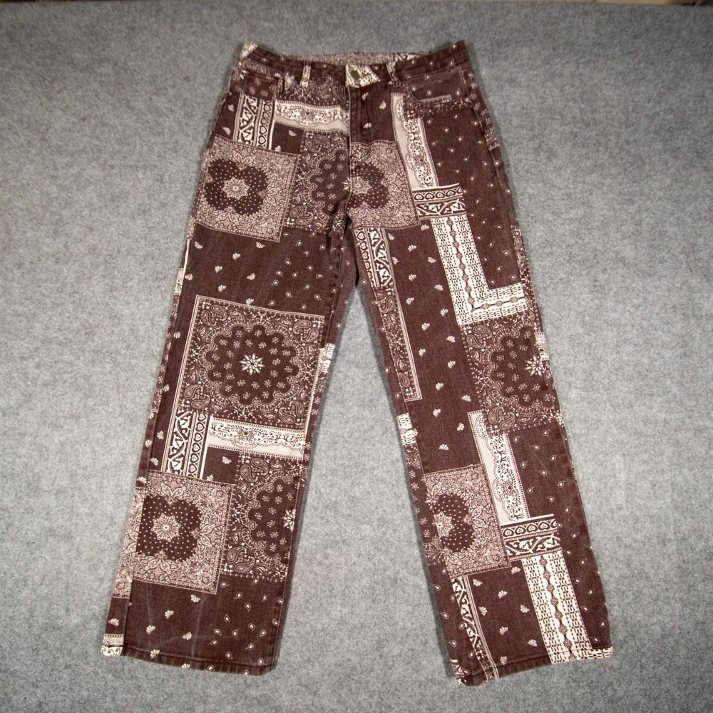 Y2K Brown Paisley Patchwork Denim Pants Retro Grunge Aesthetic L